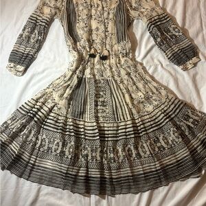 Anthropologie Women’s Large Boho Midi Dress Cream Black Tassel Tie Folk